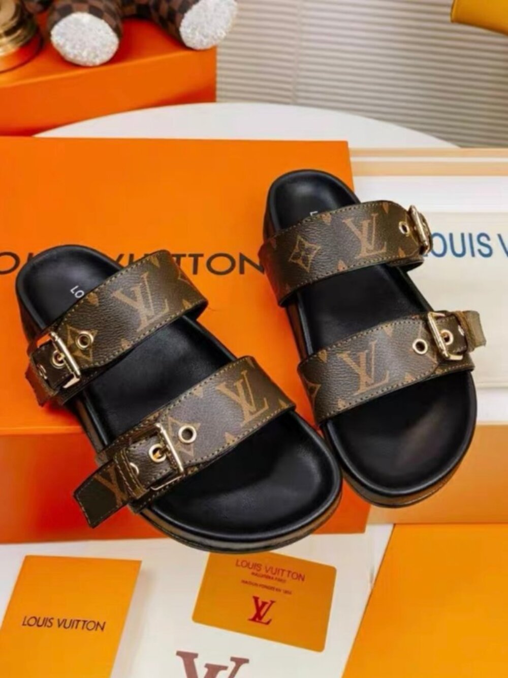 Louis Vuitton Bom Dia Monogram Canvas Double Buckle Flat Slide Sandals